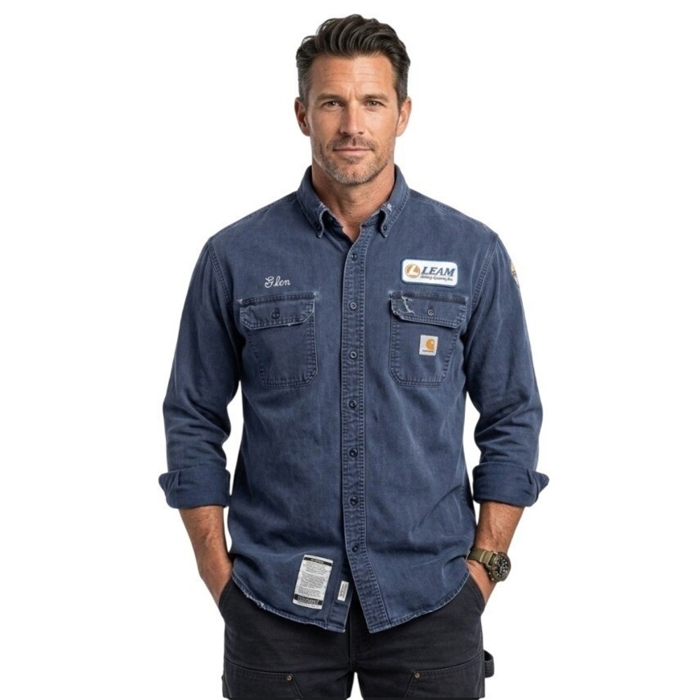 Carhartt FR Work Shirt Mens XLarge Navy Blue Flame Resistant LEAM Drilling Patch